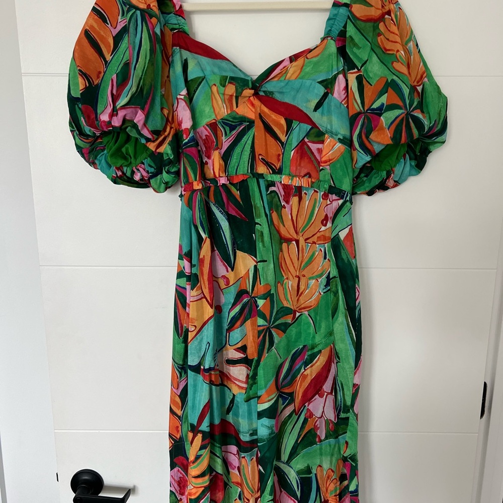 Farm Rio Banana Foliage Puffed Sleeve midi dress.